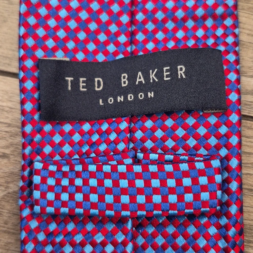 TED BAKER London‎ Metallic Red Blue Woven Textured Plaid Pattern Silk Mens Tie